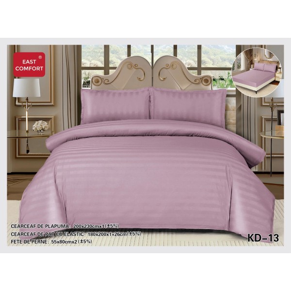 Lenjerie damasc 4 piese pat dublu cu elastic – dungi, Lila, LDD-019