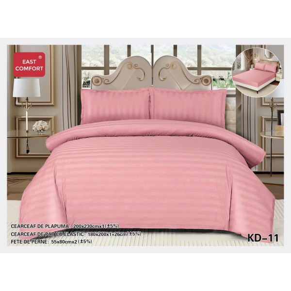 Lenjerie damasc 4 piese pat dublu cu elastic – dungi, Roz, LDD-020