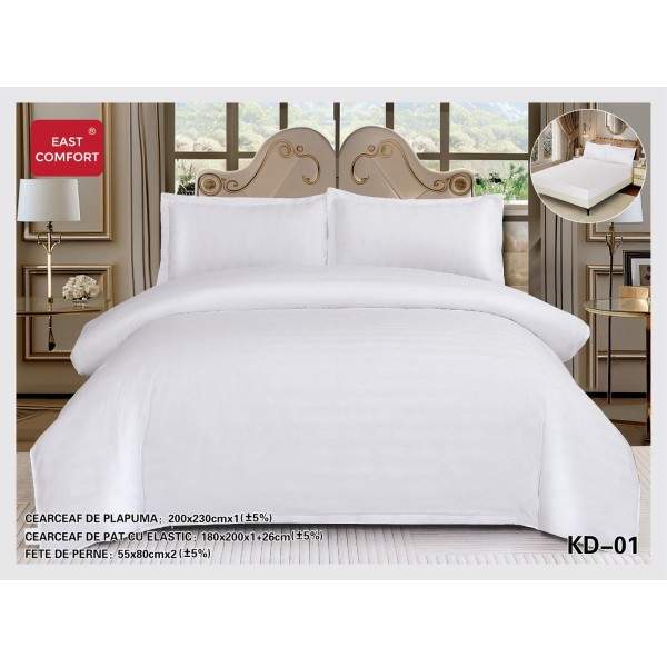 Lenjerie damasc 4 piese pat dublu cu elastic – dungi, Alb, LDD-021