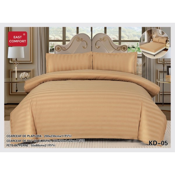Lenjerie damasc 4 piese pat dublu cu elastic – dungi, Maro, LDD-022