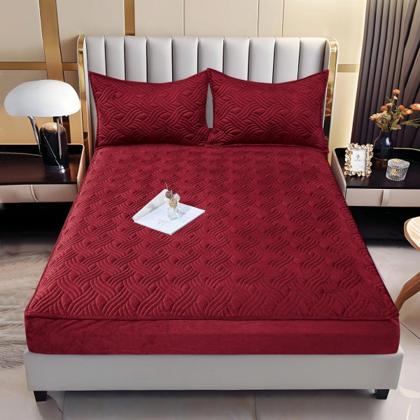 Husă/topper pat 140x200 cu elastic–Catifea moale, model ondulat–Bordo, HTC-014