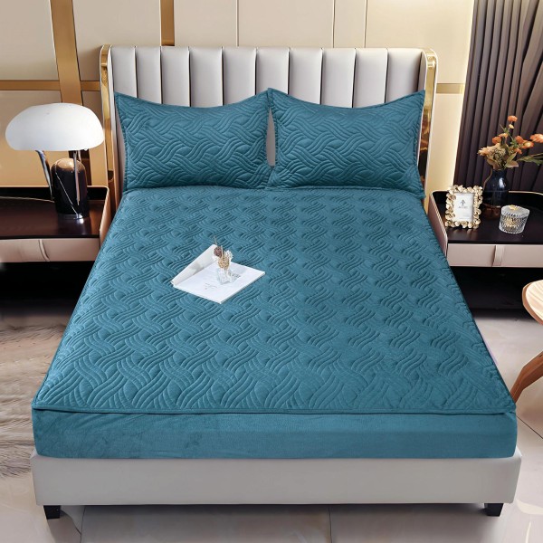 Husă/topper pat 140x200 cu elastic–Catifea moale, model ondulat–Albastru, HTC-034