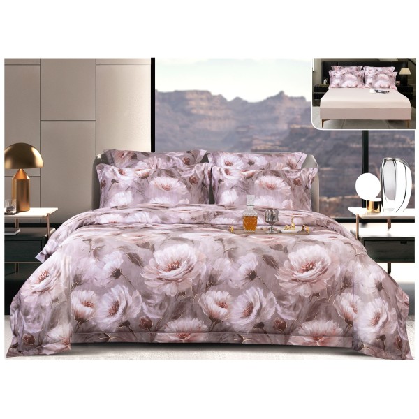 Lenjerie pat dublu, 6 piese, Bumbac Satinat Superior, cu ELASTIC, Gri-Multicolor, flori, LFS-124