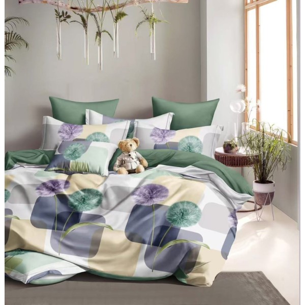 Lenjerie pat dublu 4 piese bumbac satinat – model flori, patratele, cearșaf normal, LDBS-242
