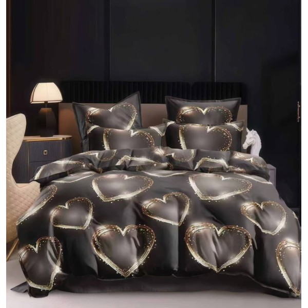 Lenjerie pat dublu 4 piese bumbac satinat – model inimioare, cearșaf normal, LDBS-294