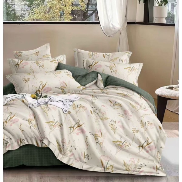 Lenjerie pat dublu 4 piese bumbac satinat – model floral, cearșaf normal, LDBS-295