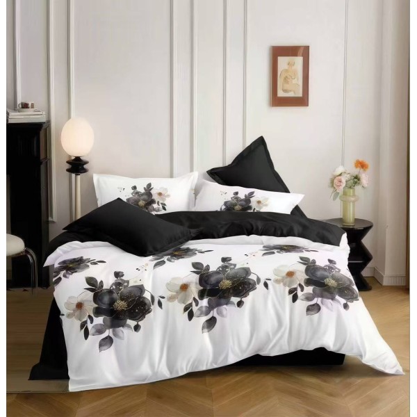 Lenjerie pat dublu 4 piese bumbac satinat – model floral, cearșaf normal, LDBS-299