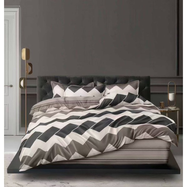 Lenjerie pat dublu 4 piese bumbac satinat – model zig zag, cearșaf normal, LDBS-305