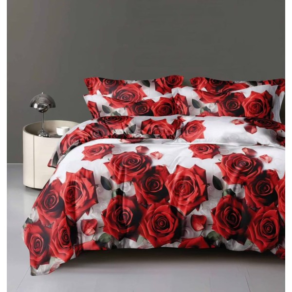 Lenjerie pat dublu 4 piese bumbac satinat – model flori, cearșaf normal, LDBS-310