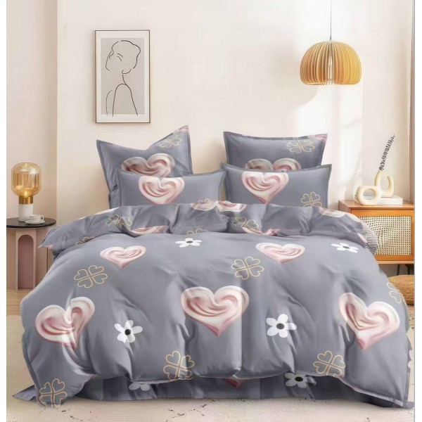 Lenjerie pat dublu 4 piese bumbac satinat – model flori, inimioare, cearșaf normal, LDBS-311