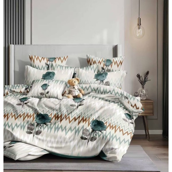 Lenjerie pat dublu 4 piese bumbac satinat – model flori, cearșaf normal, LDBS-315