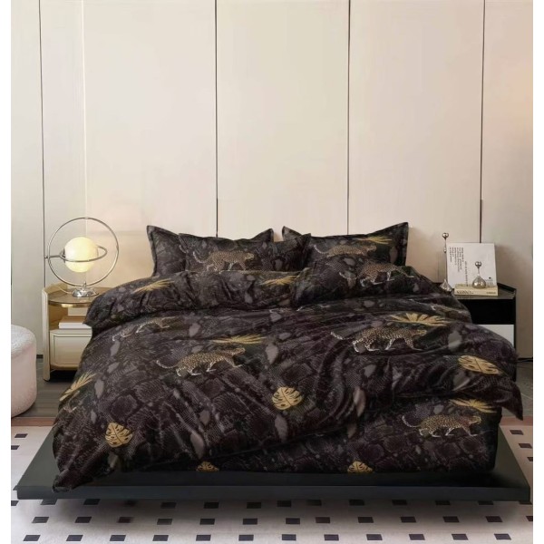 Lenjerie pat dublu 4 piese bumbac satinat – model animal print, cearșaf normal, LDBS-316