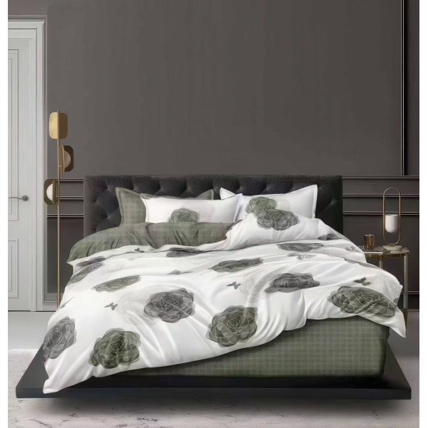 Lenjerie pat dublu 4 piese bumbac satinat – model flori, cearșaf normal, LDBS-318