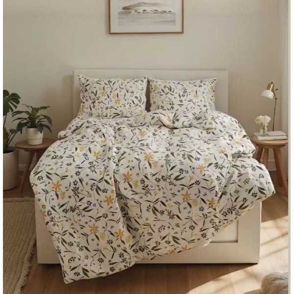 Lenjerie pat dublu 4 piese bumbac satinat – model flori, cearșaf normal, LDBS-319