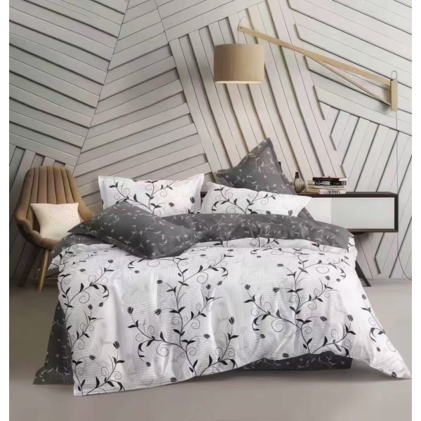 Lenjerie pat dublu 4 piese bumbac satinat – model frunze, cearșaf normal, LDBS-321