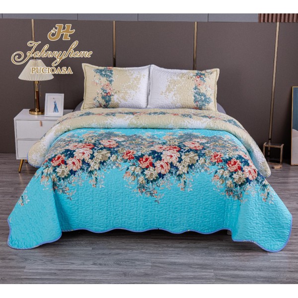 Cuvertura pentru pat dublu cu 2 fete, matlasata, Bumbac Satinat, Blue-Multicolor, flori, OLBS-031