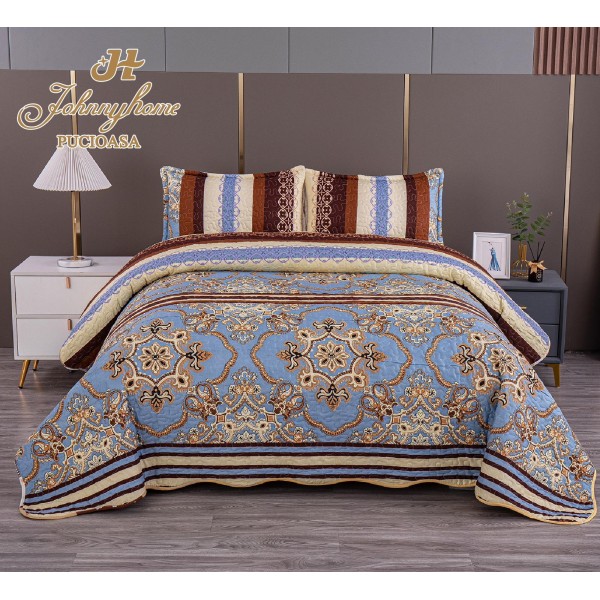 Cuvertura pentru pat dublu cu 2 fete, matlasata, Bumbac Satinat, Blue-Galben, linii, OLBS-037