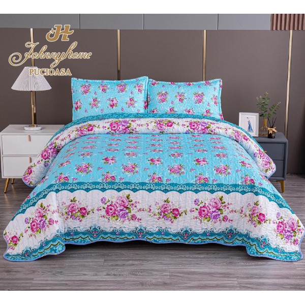 Cuvertura pentru pat dublu cu 2 fete, matlasata, Bumbac Satinat, Alb-Blue, flori, OLBS-072