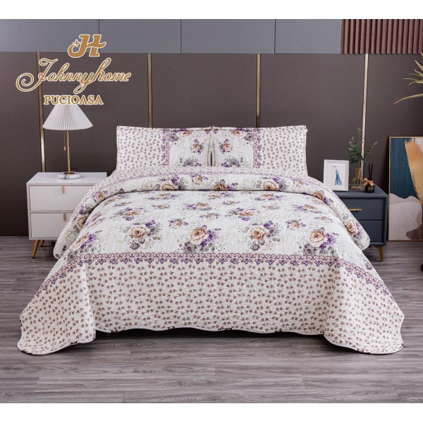 Cuvertura pentru pat dublu cu 2 fete, matlasata, Bumbac Satinat, Crem-Multicolor, flori, OLBS-073