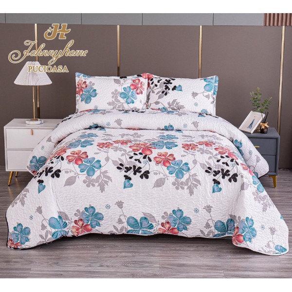 Cuvertura pentru pat dublu cu 2 fete, matlasata, Bumbac Satinat, Alb-Multicolor, flori, OLBS-076