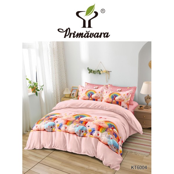 Set Lenjerie de pat din Finet Gros, Cearceaf cu ELASTIC, 6 Piese, Pat 2 Persoane, Roz-Multicolor, norisori, LDE-202