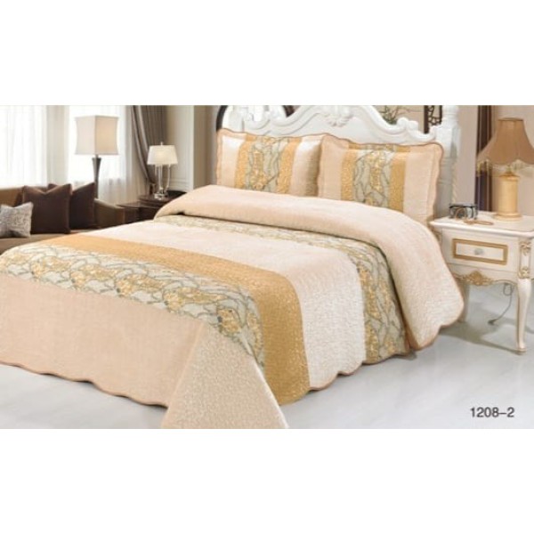 Cuvertura pat dublu, 3 piese, Catifea Matlasata, 230x250cm, plus 2 fete de perna, Crem, CCV-083