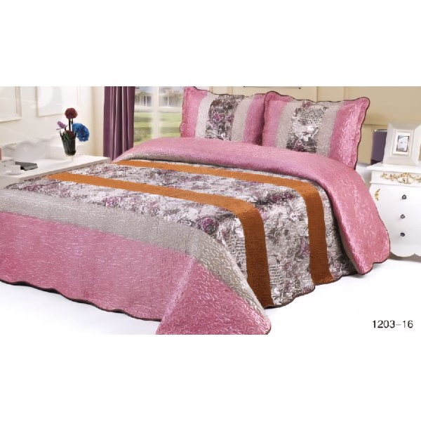 Cuvertura pat dublu, 3 piese, Catifea Matlasata, 230x250cm, plus 2 fete de perna, Roz-Multicolor, flori, CCV-068