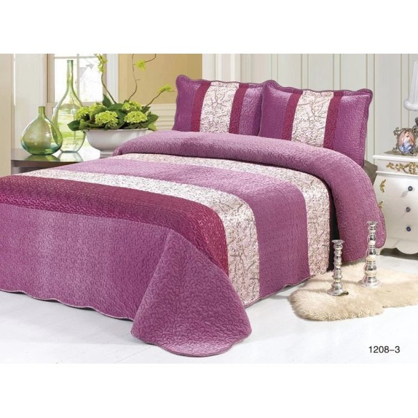 Cuvertura pat dublu, 3 piese, Catifea Matlasata, 230x250cm, plus 2 fete de perna, Lila-Multicolor, frunze, CCV-084