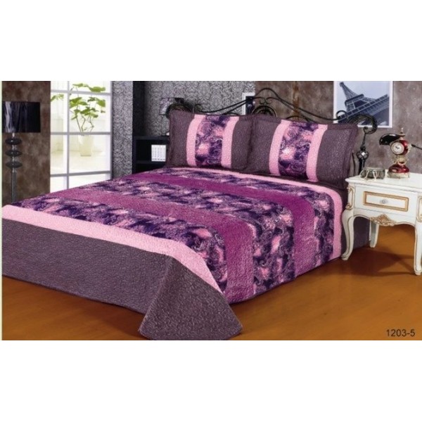 Cuvertura pat dublu, 3 piese, Catifea Matlasata, 230x250cm, plus 2 fete de perna, Mov-Multicolor, frunze, CCV-089