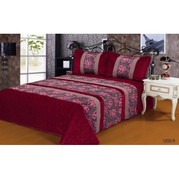 Cuvertura pat dublu, 3 piese, Catifea Matlasata, 230x250cm, plus 2 fete de perna, Grena-Multicolor, flori, CCV-095