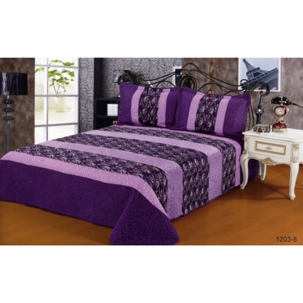 Cuvertura pat dublu, 3 piese, Catifea Matlasata, 230x250cm, plus 2 fete de perna, Mov-Multicolor, frunze, CCV-106