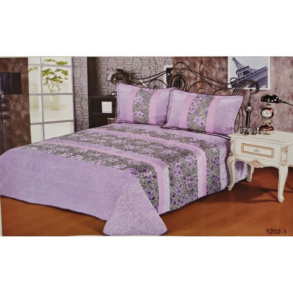 Cuvertura pat dublu, 3 piese, Catifea Matlasata, 230x250cm, plus 2 fete de perna, Lila-Multicolor, flori, CCV-108