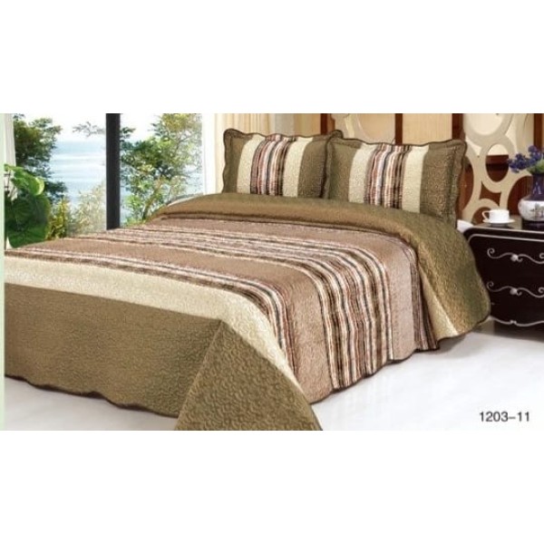Cuvertura pat dublu, 3 piese, Catifea Matlasata, 230x250cm, plus 2 fete de perna, Bej-Multicolor, CCV-111