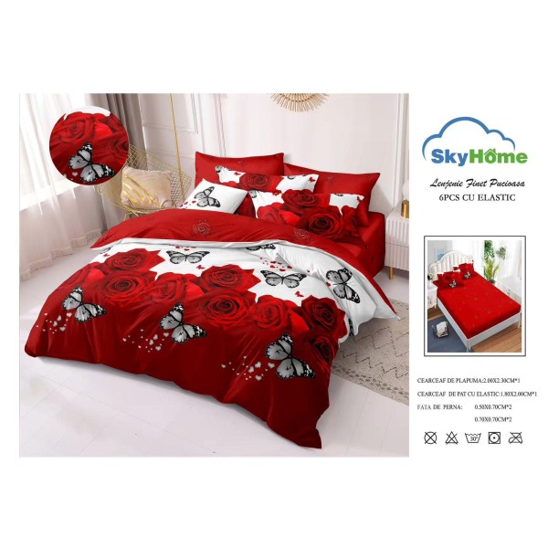 Lenjerie Pat Dublu 6 Piese din Finet cu Cearșaf cu Elastic – Alb-Rosu, flori, fluturi, OLD-109