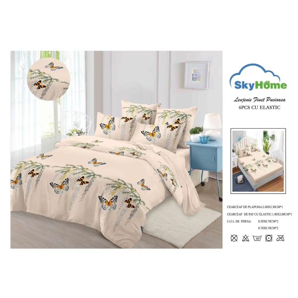 Lenjerie Pat Dublu 6 Piese din Finet cu Cearșaf cu Elastic – Crem, model fluturi, OLD-070