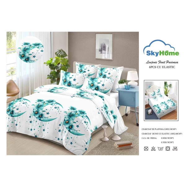 Lenjerie Pat Dublu 6 Piese din Finet cu Cearșaf cu Elastic – Alb, model, stele, flori, OLD-103