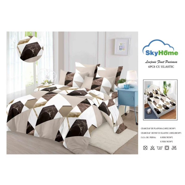 Lenjerie Pat Dublu 6 Piese din Finet cu Cearșaf cu Elastic – Crem, model forme geometrice, OLD-014