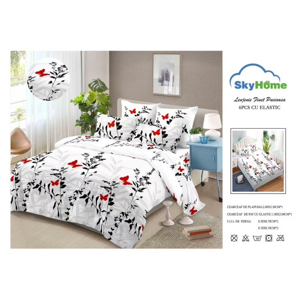 Lenjerie Pat Dublu 6 Piese din Finet cu Cearșaf cu Elastic – Alb, model fluturi, OLD-127
