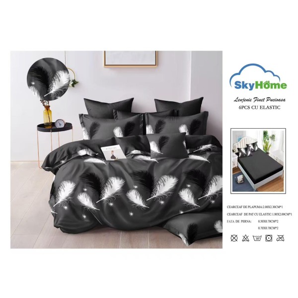 Lenjerie Pat Dublu 6 Piese din Finet cu Cearșaf cu Elastic – Negru, model pana, OLD-040