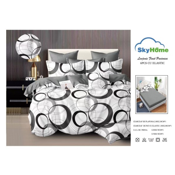 Lenjerie Pat Dublu 6 Piese din Finet cu Cearșaf cu Elastic – Alb, model cercuri, OLD-069