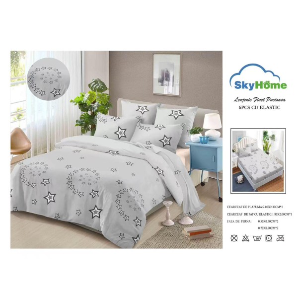 Lenjerie Pat Dublu 6 Piese din Finet cu Cearșaf cu Elastic – Gri, model stele, OLD-090
