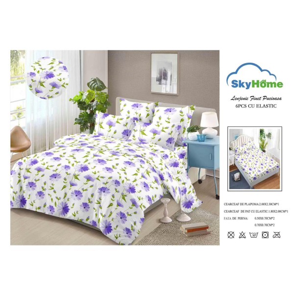 Lenjerie Pat Dublu 6 Piese din Finet cu Cearșaf cu Elastic – Alb, model flori, OLD-133