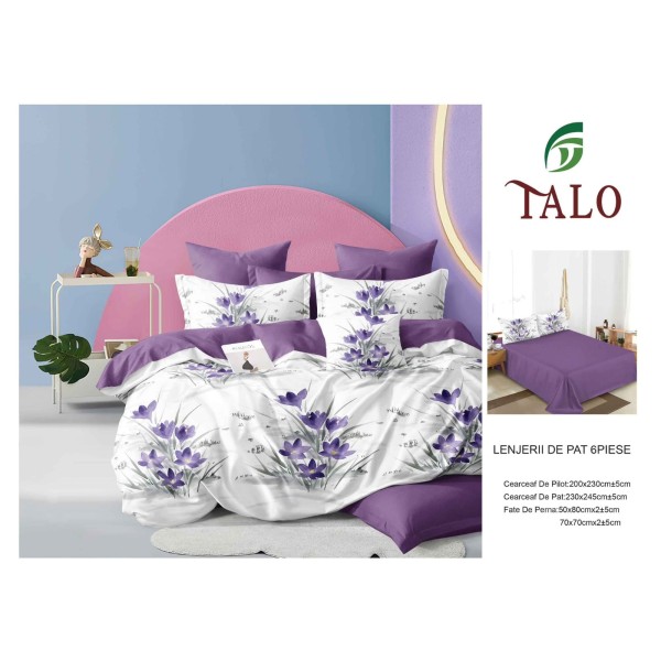 Lenjerie pat dublu finet – set 6 piese cu cearșaf normal - Mov, model flori, OLD-052