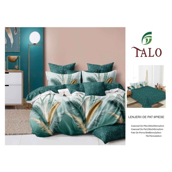 Lenjerie pat dublu finet – set 6 piese cu cearșaf normal - Verde, model pana, OLD-118