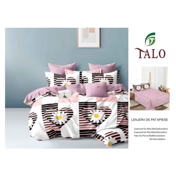 Lenjerie pat dublu finet – set 6 piese cu cearșaf normal - Roz, model flori, inimioare, OLD-092