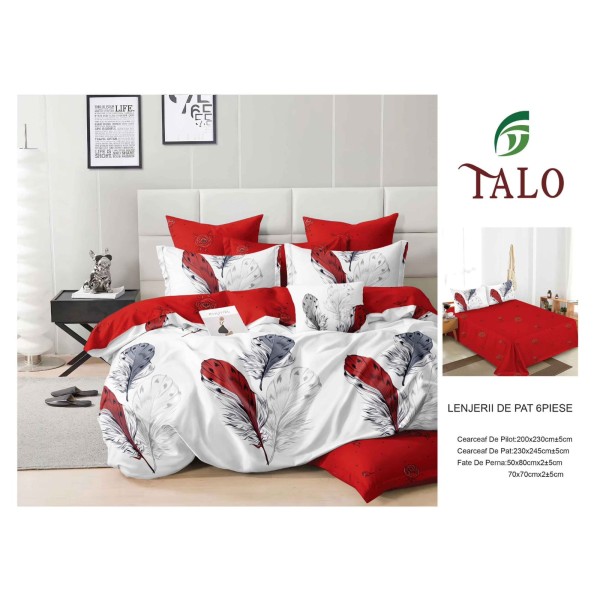 Lenjerie pat dublu finet – set 6 piese cu cearșaf normal - Rosu, model pene, OLD-059