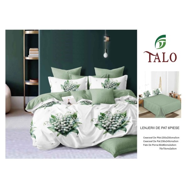 Lenjerie pat dublu finet – set 6 piese cu cearșaf normal - Verde, model flori, OLD-061