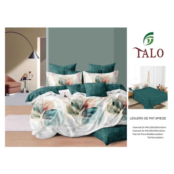 Lenjerie pat dublu finet – set 6 piese cu cearșaf normal - Verde, model frunze, OLD-063