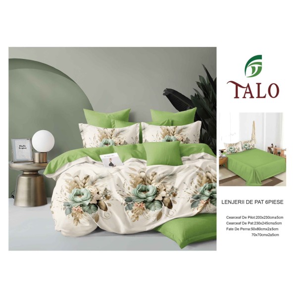 Lenjerie pat dublu finet – set 6 piese cu cearșaf normal - Verde, model flori, OLD-065