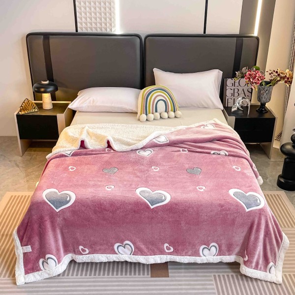 Pătură Cocolino cu blăniță 200x230 cm – moale, călduroasă și premium - Roz, model inimioare, PBC-075